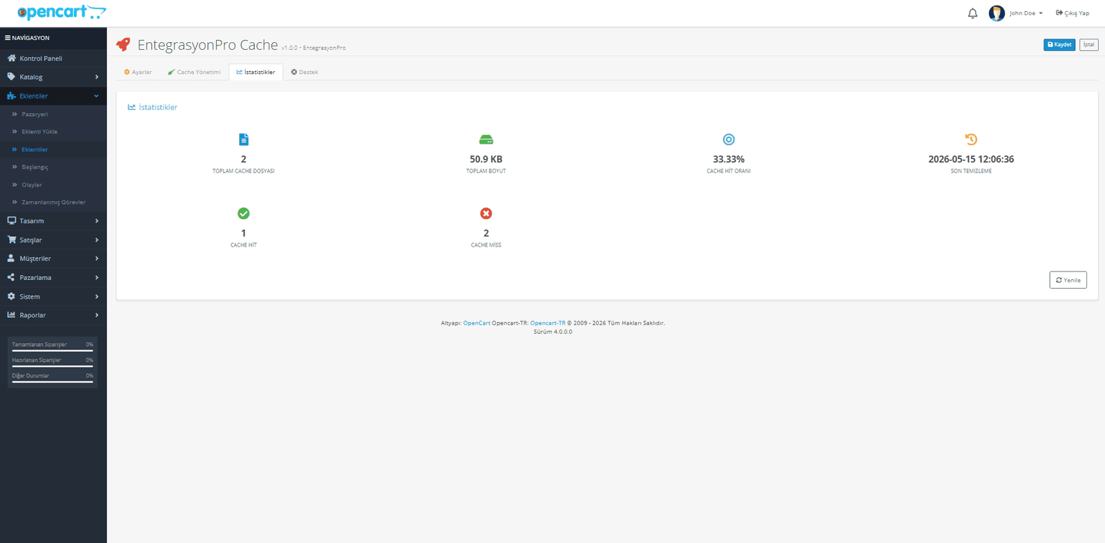 OpenCart cache ve performans modulu ekran goruntusu 3