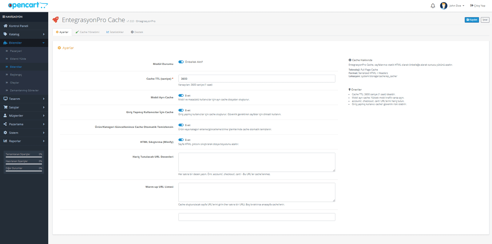 OpenCart cache ve performans modulu