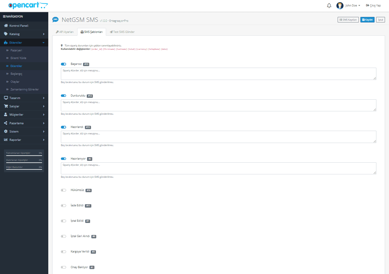 OpenCart NetGSM SMS entegrasyonu ekran goruntusu 2
