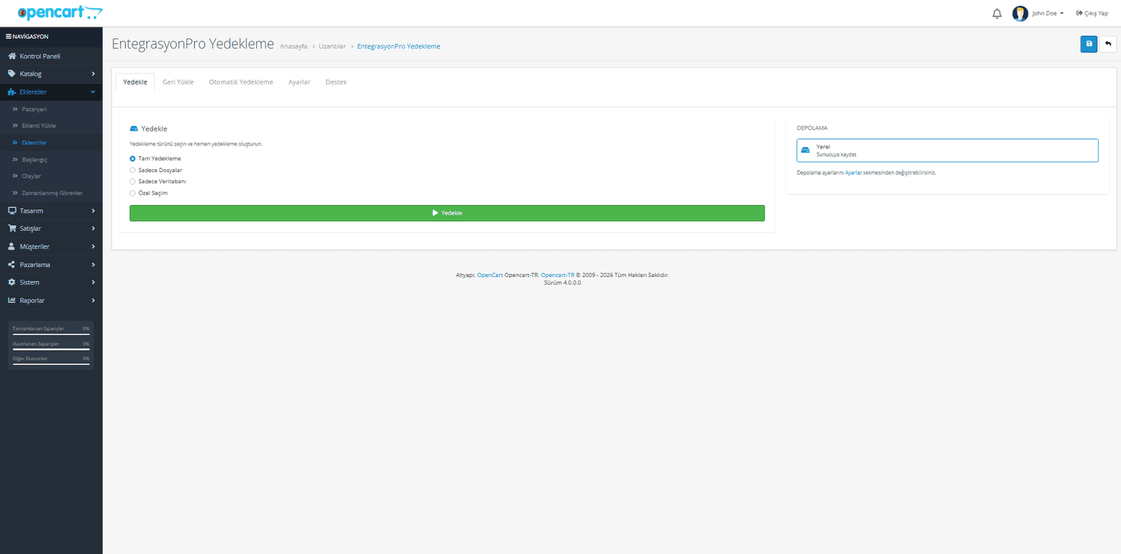 OpenCart yedekleme modulu