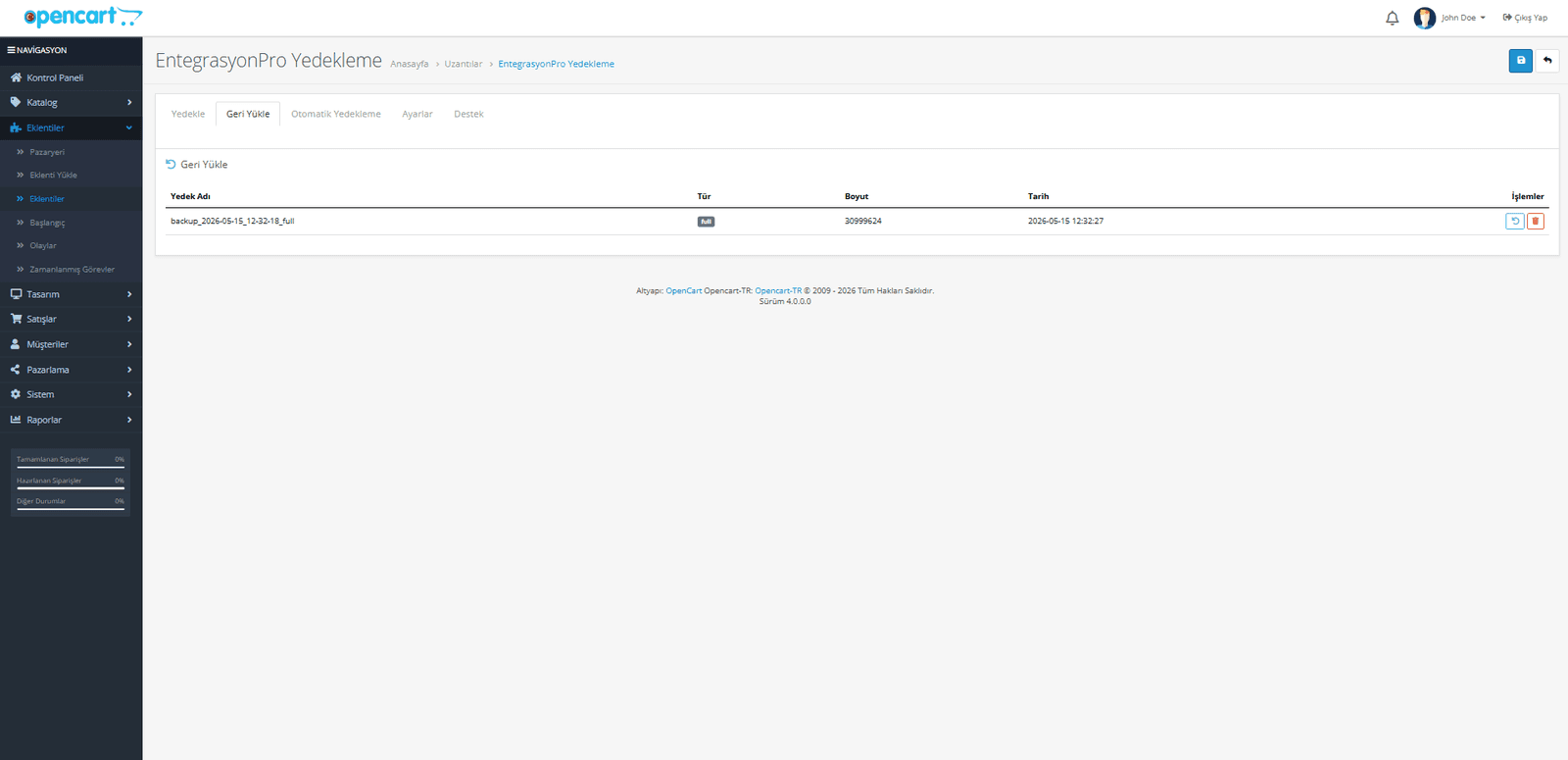 OpenCart yedekleme modulu ekran goruntusu 2