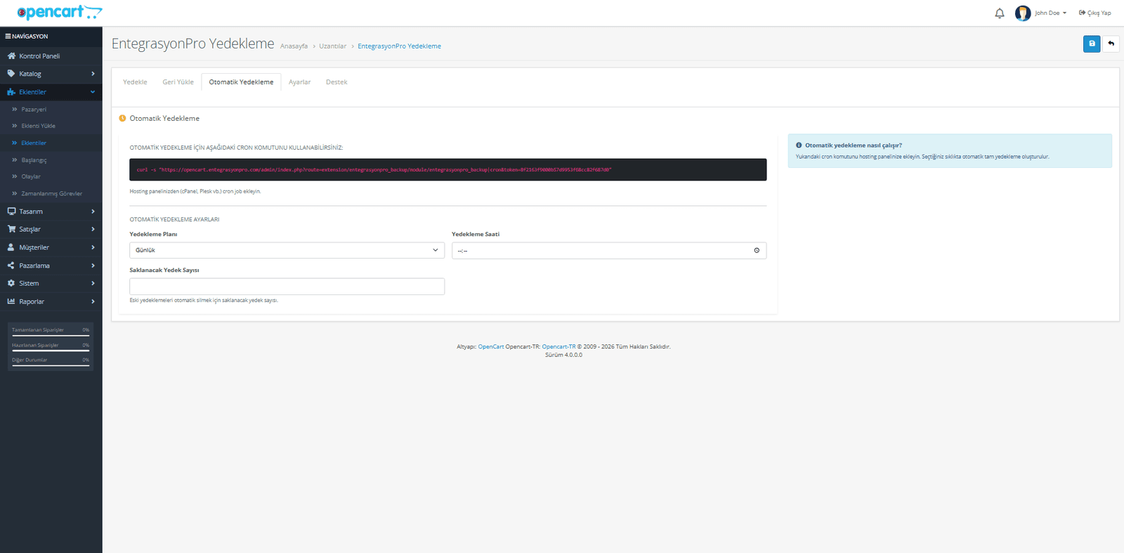OpenCart yedekleme modulu ekran goruntusu 3